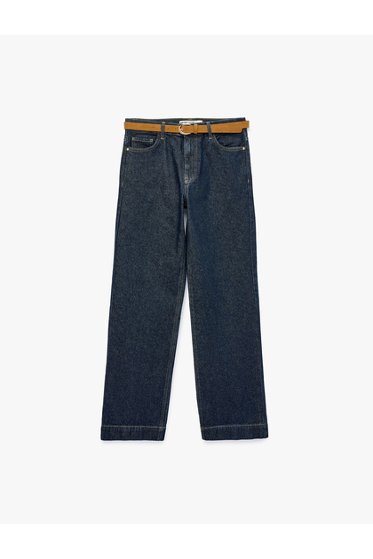 Belted Cotton Double Leg Straight Denim Trousers - Straight Fit Jean