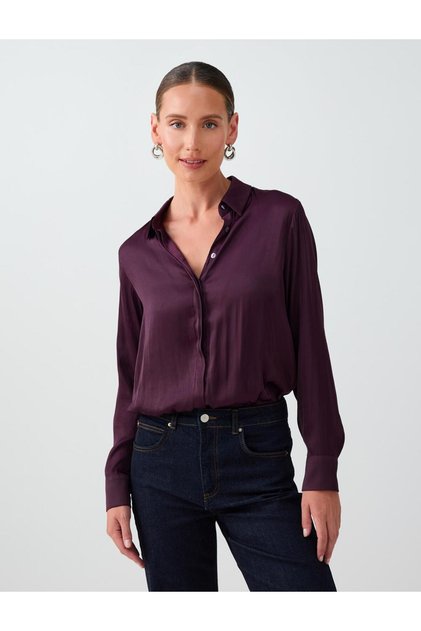 Purple Straight Cut Long Sleeve Satin Shirt