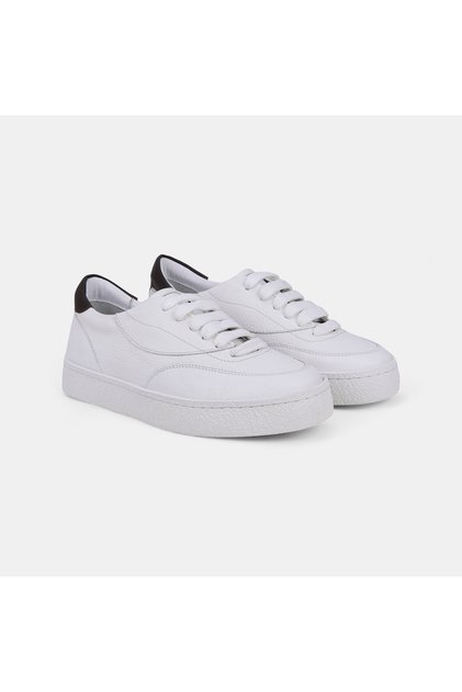 Women's White Lace-Up Leather Sneaker with Black Ankle Detail