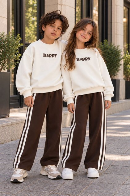 Unisex Kids' Happy Text Printed Sweatshirt and Stripe Detailed Wide-Leg Sweatpants Set