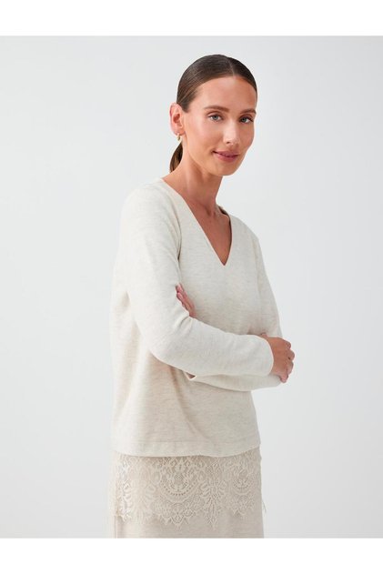 Beige Melange Lace Detailed V-Neck Soft Touch Blouse
