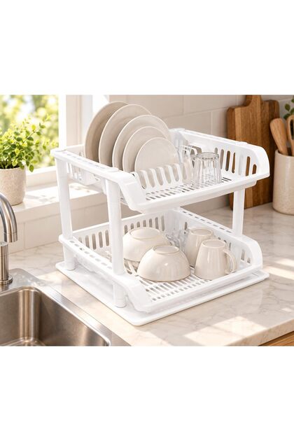 2-Tier Dish Drying Rack with Draining Tray, White