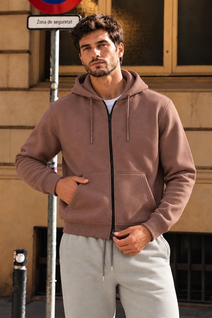 Men's Brown Fleece Cardigan Jacket with Hood, Pockets, Wool Interior, and Full Zipper