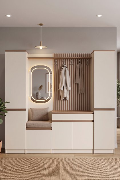 Rino LED Aynalı Oturma Alanlı Çekmeceli Askılıklı MDF Kapaklı %100 MDF Dörtlü Portmanto