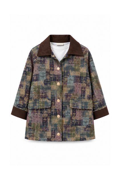 Women's Jacquard Woven Jacket with Suede Sleeves and Collar, Ethnic Patterned Jacket 3263 Khaki - Premium Series