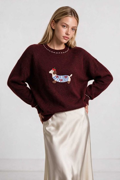 Embroidered Oversize Knitwear Sweater Lyy0150 Bordo