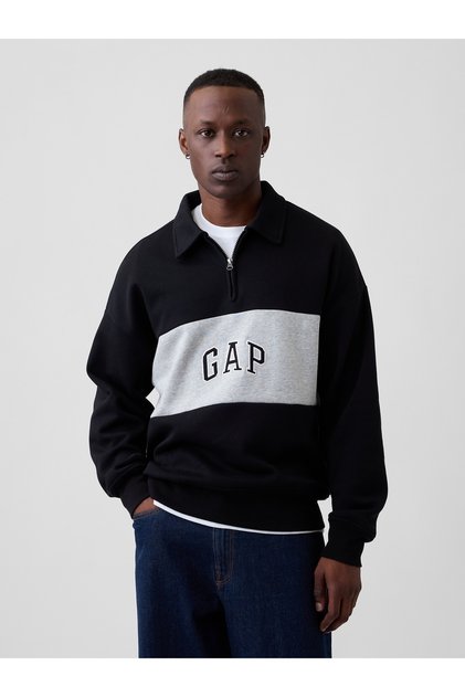 Erkek Siyah Oversized Logo Yarım Fermuarlı Sweatshirt