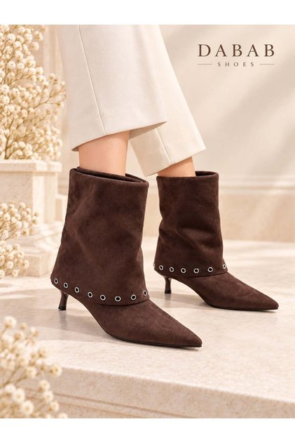 Lucia Women's Bitter Brown Suede Look Metal Ring Detailed Pointed Toe 5 cm Thin Heeled Short Boots Bo