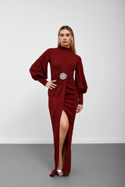 Burgundy High Neck Brooch Detailed Balloon Sleeve Long Dress
