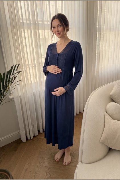 Elarina Lace and Satin Piping Detailed Buttoned Maternity and Postpartum Nightgown