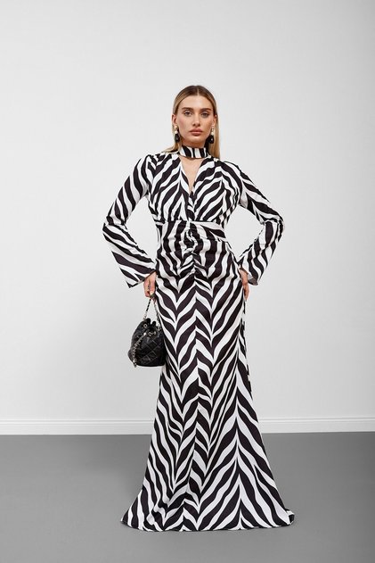 Black and White Judge Collar Long Sleeve Patterned Dress
