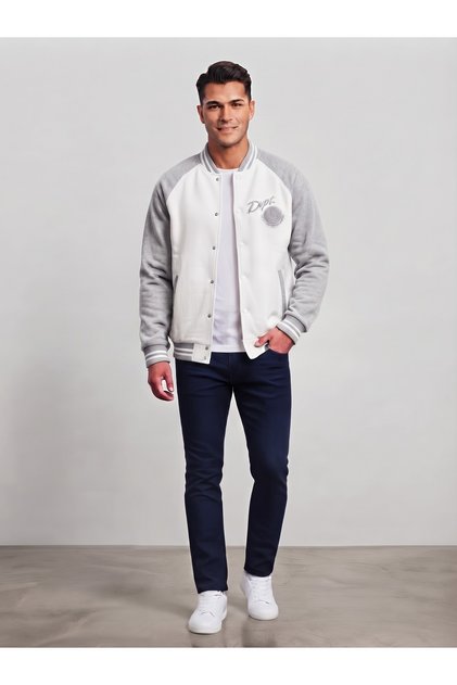Erkek Gri Nakışlı Yaka Detaylı Kolej Ceket - Relaxed Fit Bomber Ceket