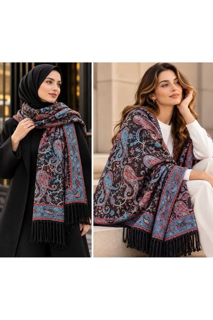 Șal și eșarfă de umăr din cașmir pentru femei, cu model brodat „Royal Paisley”, cu textură moale și franjuri, 70 x 200 cm