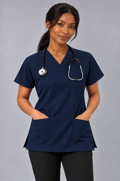 (E-Flex) Navy Blue Lycra Women's Single Top Non-Ironing Nurse and Doctor Uniform Scrubs Hospital Uniform