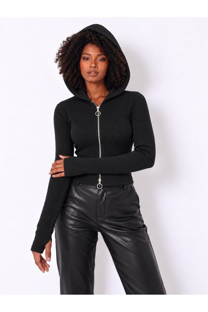 Women's Black Double Zipper Hooded Ribbed Camisole Blouse