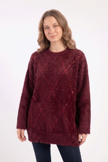 Women's Burgundy Diamond Patterned Sequin Embroidered Crew Neck Soft Textured Fuzzy Sweater