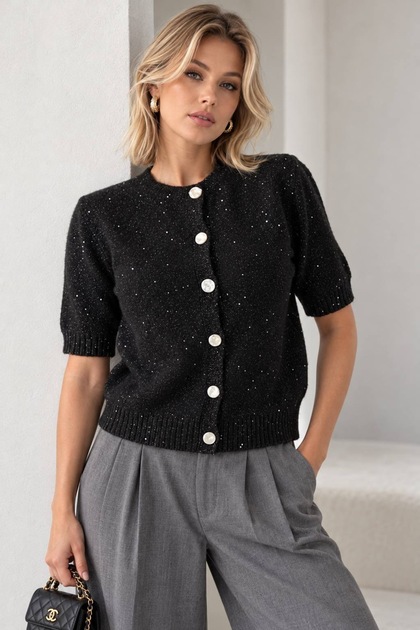 Women's Crew Neck Silver Button Sequined Short Sleeve Knitwear Cardigan