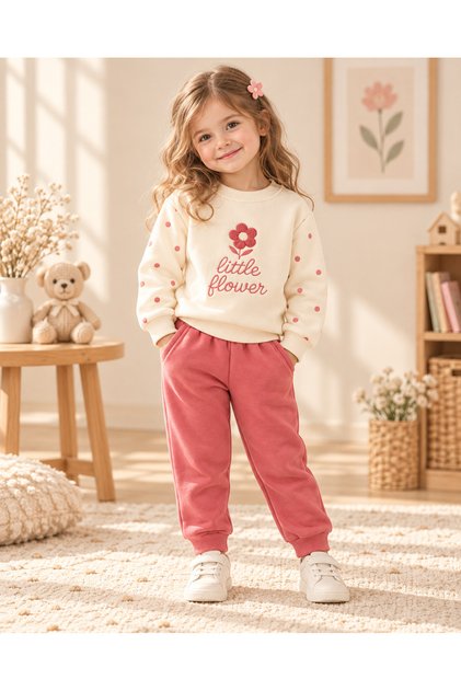 Floral Embroidered Polka Dot Girls' 2-Piece Tracksuit Set