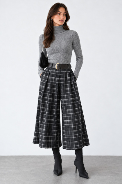 Women's Black-Anthracite Belted Plaid Trousers