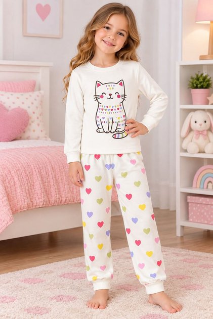 Girl's 100% Cotton White Cat and Heart Patterned Long Sleeve Pajama Set