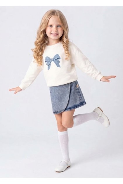 Girl's Stoned Denim Shorts with Skirt and Bow Blouse 2-Piece Top and Bottom Set for Ages 2, 3, 4, 5