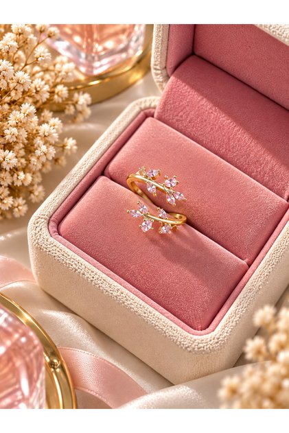 Gold Color Pink Stone Leaf Patterned Open End Elegant Women's Ring