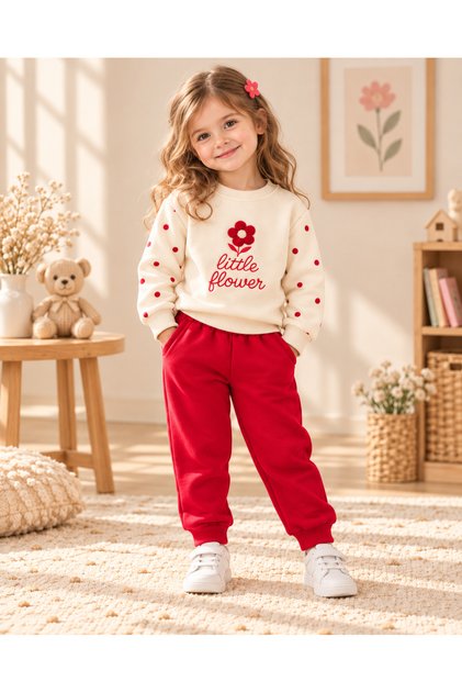Floral Embroidered Polka Dot Girls' 2-Piece Tracksuit Set