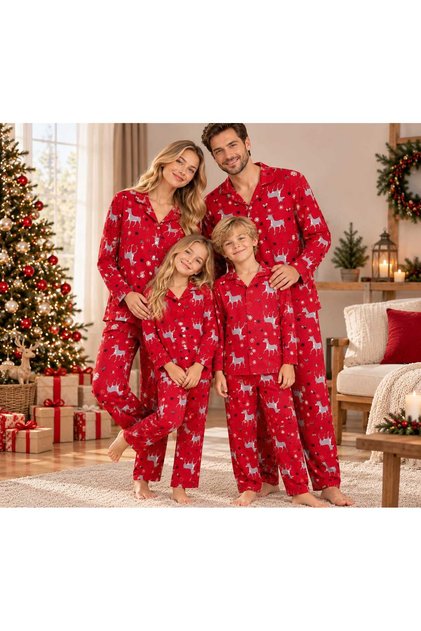 Christmas Special Design Cotton Family Combination Long Sleeve Buttoned Pajama Set