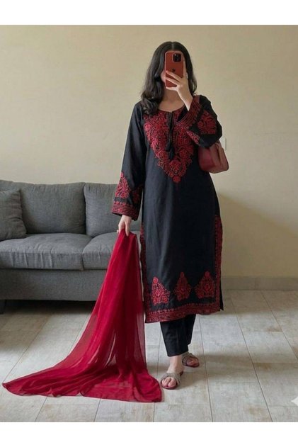 Black & Red Roman Silk Embroidered Three-Piece Suit Set - FFT10025 | Black & Red-Size:L-40-Inches
