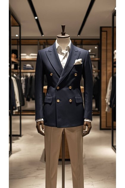 Men's Navy Blue Gold Buttoned Double-Breasted Jacket White Shirt Cream Trousers Combination Set
