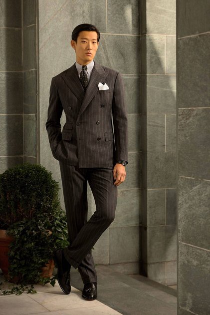 Men's Anthracite Striped Brown Double-Breasted Jacket and Fabric Trousers Suit