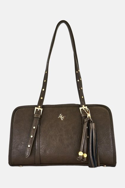 Women Brand Logo Shoulder Bag, Dark Brown