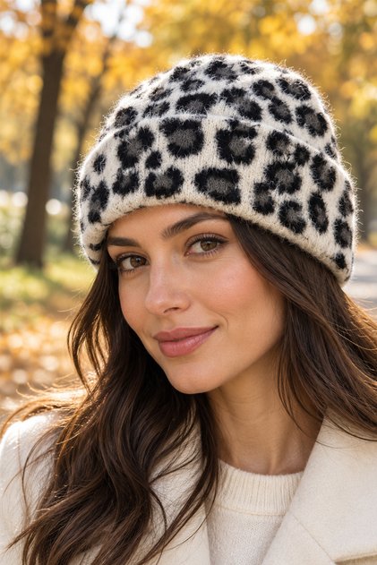 Leopard Pattern Folded Soft Texture Beanie (Polyamide)