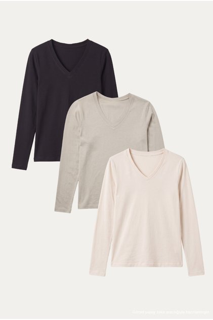 Kadın V Yaka Uzun Kollu %100 Pamuk Basic T-shirt (3'lü Set)