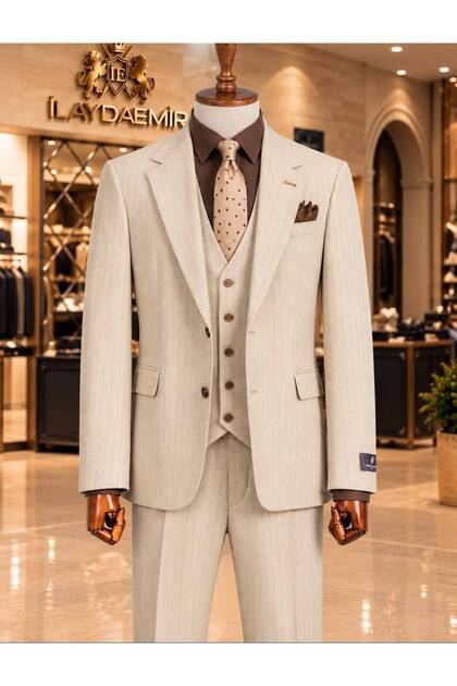 Men's Cream Striped Vest Jacket Trousers Groom Suit and Special Occasion Suit