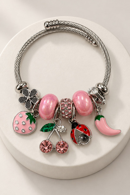 Children's Boy Fruit Figured Charm Steel Bracelet – Small Size Tarnish-Resistant Stainless Steel Strawberry Cherry Themed Bracelet
