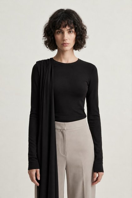 Women's Black Draped Padded Shawl Detailed Long Sleeve Design Blouse