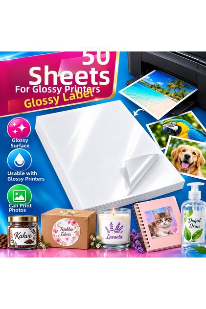Inkjet Printer Compatible, Suitable for Photo Printing - 50 Pieces of A4 Glossy Adhesive Labels