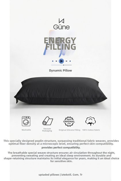 Dynamic Pillow | Silky Texture | Natural Cotton Black Poplin Fabric | Original Nano Silicone Filler | Washable | 850Gr | Ultra Full Form | 50X70Cm
