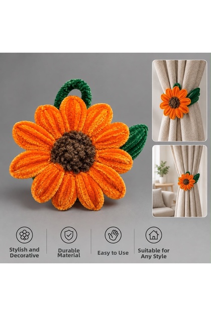 Handmade Chenille Sunflower Background Curtain Holder – Decorative Flower Figured Curtain Clip