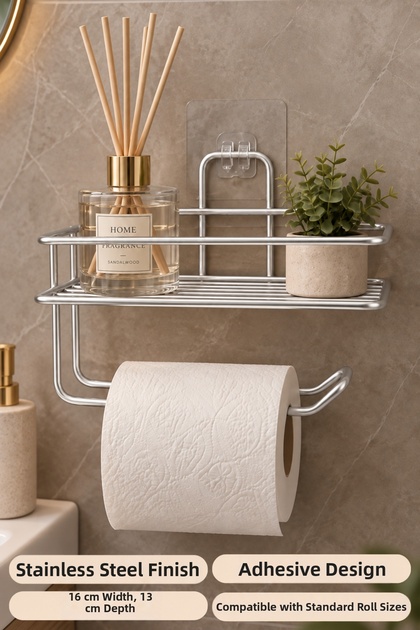 Liva Model Adhesive Shelf Toilet Paper Holder Shiny Silver 16X13X9 cm
