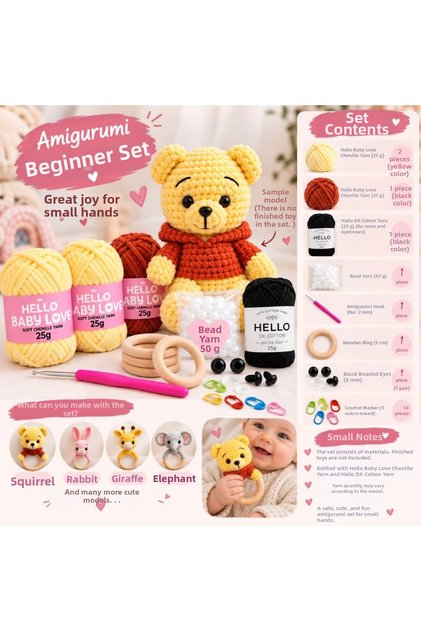 Amigurumi Starter Set – Yellow & Tile Velvet Yarn Teddy Bear and Rattle Knitting Set
