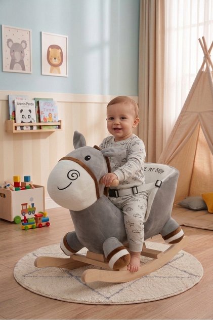Educational Plush Rocking Horse with Wooden Legs Rocking Donkey