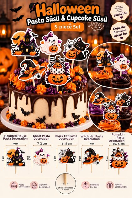 Halloween Cake Decoration and Cupcake Decoration Set of 5 – Halloween Pumpkin, Ghost, Black Cat, and Witch Hat Toothpick Ornament
