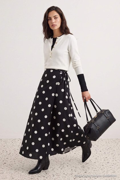 Black Polka Dot Woven Double-Breasted Long Skirt Tctaw27Ee00002
