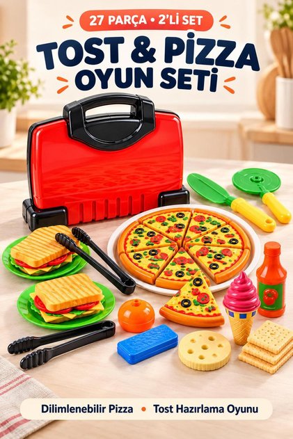 Oyuncak Tost Makinesi ve Pizza Aksesuarlı 2'li Set Evcilik Mutfak Seti Aksesuarlı 27 Parça