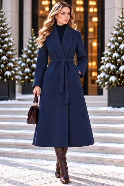 معطف نسائي بحزام وجيوب وفتحات ومبطن باللون الأزرق الداكن
