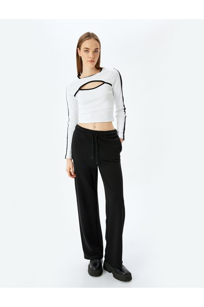 Crop T-Shirt Long Sleeve Window Detail Slim Fit Crew Neck Bias
