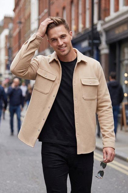 Men's Beige Cashmere Jacket Coat – Relaxed Fit Jacket with Pockets and Snap Fasteners 2500559