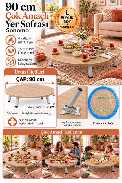 90 Cm Çap - Ahşap Kaplama Katlanabilir Yer Sofrası - Oyun Masası - 21 Cm Yükseklik
